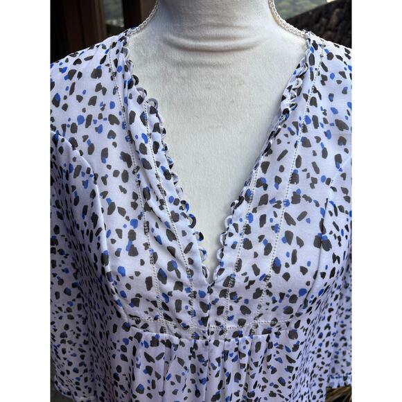 Diane von Furstenberg Silk Blue Black White Spotted 3/4 Sleeve Lined Top - 6 - Picture 6 of 11